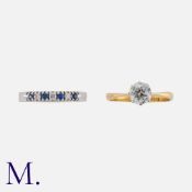 A Diamond Solitaire and A Sapphire and Diamond Ring in 18k gold, comprising an old cut diamond