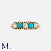 A Turquoise and Diamond Five Stone Ring in 14k yellow gold, comprising three round cut diamonds