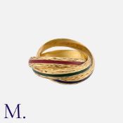 HERMES. A Set of Enamel Trinity Rings in 18K yellow gold textured bands with red, green and blue
