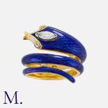 A Snake Ring in 18k yellow gold, designed as a coiled snake decorated in blue and white enamel,