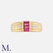 NO RESERVE - A Ruby and Diamond Ring in 18k yellow gold, set with four baguette cut rubies,