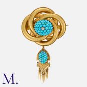 A Turquoise and Diamond Brooch in yellow gold, of knotted loop design, the domed centre set with