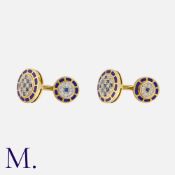 A Pair of Sapphire, Diamond and Enamel Cufflinks in yellow gold, of checkerboard design, set with