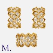 DARDE ET FILS, A Pair of Diamond Earrings and Ring in yellow gold openwork form, set with