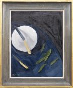 * SERENA ROWE (SCOTTISH b. 1977), WHITE PLATE WITH KNIFE AND MANGE TOUT