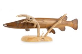ARTISAN HAND CARVED WOOD SCULPTURE A PIKE