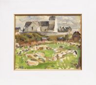 * DAVID MACBETH SUTHERLAND RSA (SCOTTISH 1883 - 1973), SHEEP IN FRONT OF CHURCH