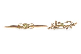 TWO PERIDOT AND SEED PEARL BROOCHES,