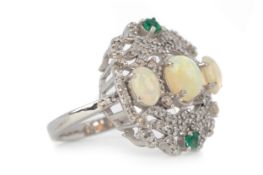 OPAL, EMERALD AND DIAMOND RING,