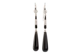 PAIR OF ONYX AND DIAMOND EARRINGS,