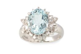 AQUAMARINE AND DIAMOND RING,