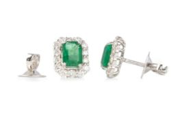 PAIR OF EMERALD AND DIAMOND CLUSTER EARRINGS,