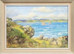 * JOHN MCGHIE (SCOTTISH 1867 - 1952), COAST WITH SAIL BOATS