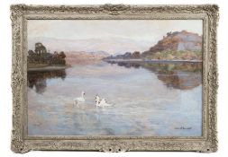 COLIN GILLESPIE MITCHELL RSA (SCOTTISH 1870 - 1938), LANDSCAPE WITH SWANS