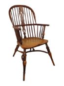 WINDSOR STYLE ELM ELBOW CHAIR, 19TH CENTURY
