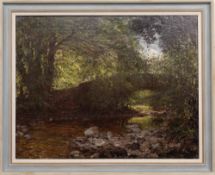 ALEXANDER BROWNLIE DOCHARTY (SCOTTISH 1862 - 1940), SUMMER RIVER LANDSCAPE WITH BRIDGE
