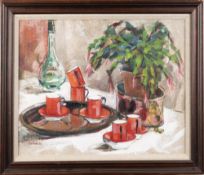 JAN BRUCE, STILL LIFE WITH RED COFFEE CUPS