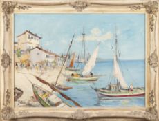 CONTINENTAL SCHOOL (20TH CENTURY), SHORE SCENE WITH FIGURES AND SAILBOATS