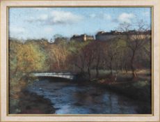 JOHN MACKIE, RIVER SCENE WITH BRIDGE