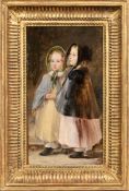 ATTRIBUTED TO SIR EDWIN HENRY LANDSEER RA (BRITISH 1802 - 1873), TWO YOUNG GIRLS IN BONNETS AND CLOA
