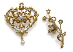 A GOLD BROOCH (PENDANT) AND A SPRAY BROOCH