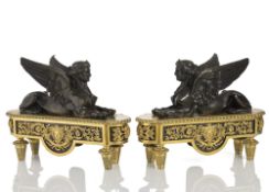 A PAIR OF LOUIS XVI ORMOLU AND PATINATED BRONZE FIREDOGS