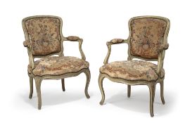 A PAIR OF LOUIS XV GREYPAINTED FAUTEUILS
