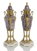 A PAIR OF DECORATIVE OROMOLU MOUNTED WHITE MARBLE AND AGATE VASES AND COVERS