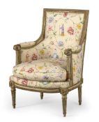 A CARVED GRAY PAINTED AND GILT LOUIS XVI BERGERE