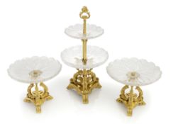 A THREE PIECE GILTBRONZE AND CRYSTAL CENTREPIECE