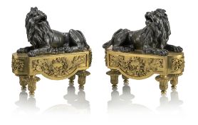 A PAIR OF LARGE ORMOLU AND PATINATED BRONZE FIREDOGS
