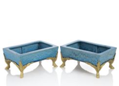 A PAIR OF ORMOLU MOUNTED TURQUOISE GLAZED PORCELAIN BOWLS