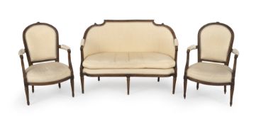 A PAIR OF LOUIS-XVI BEECHWOOD FAUTEUILS AND A MATCHING SETTEE