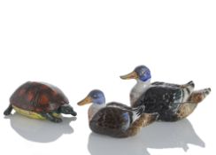 A TURTLE SHAPED TUREEN AND COVER AND TWO DUCK TUREENS