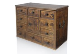 A WALNUT AND FRUITWOOD MARQUETRY TABLE CABINET