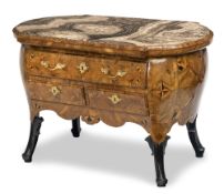 AN ORMOLU MOUNTED OLIVE PLUM BOXWOOD AND MAPLE MARQUETRIED ROCOCO COMMODE