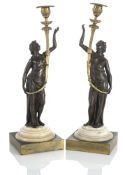 A PAIR OF LOUIS XVI ORMOLU AND PATINATED BRONZE AND WHITE MARBLE FIGURAL GIRANDOLES