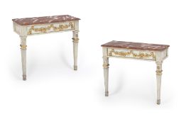 A PAIR OF FRENCH WHITE PAINTED AND MARBELIZED CONSOLE TABLES