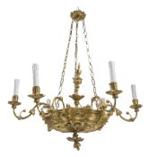 A NEOCLASSICAL CARVED AND GILT WOOD SIX LIGHT CHANDELIER
