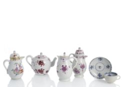 FOUR MOCCA POTS AND A CUP AND SAUCER