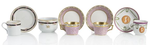 FOUR CUPS, SAUCERS, SUGAR BOWL