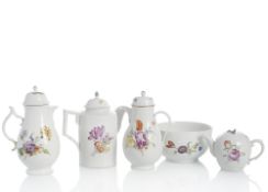 THREE COFFEE POTS, TEAPOT, BOWL