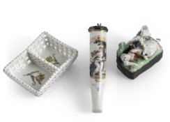 SMALL BOX WITH FIGURAL LID, SMALL SPICE BASKET AND A PIPE