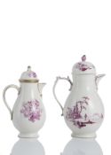 TWO PURPLE PAINTED COFFEE POTS