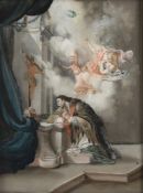 A GLASS PAINTING ON REVERSE - ST. JOHN OF NEPOMUK IN PRAYER IN FRONT OF THE CROSS