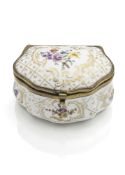 A METAL MOUNTED FLORAL AND GILT PORCELAIN SNUFF BOX AND COVER