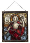 A POLYCHROME PAINTED GLASS WINDOW WITH RESURRECTED CHRIST