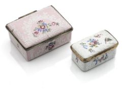 TWO FRENCH SILVER AND COPPER MOUNTED ENAMEL SNUFF BOXES AND COVERS