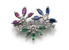 WHITE GOLD FLOWER BROOCH WITH GEMSTONES