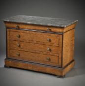 A BRASS MOUNTED PARTIALLY EBONIZED AMBOYNA AND MAHOGANY MODEL COMMODE